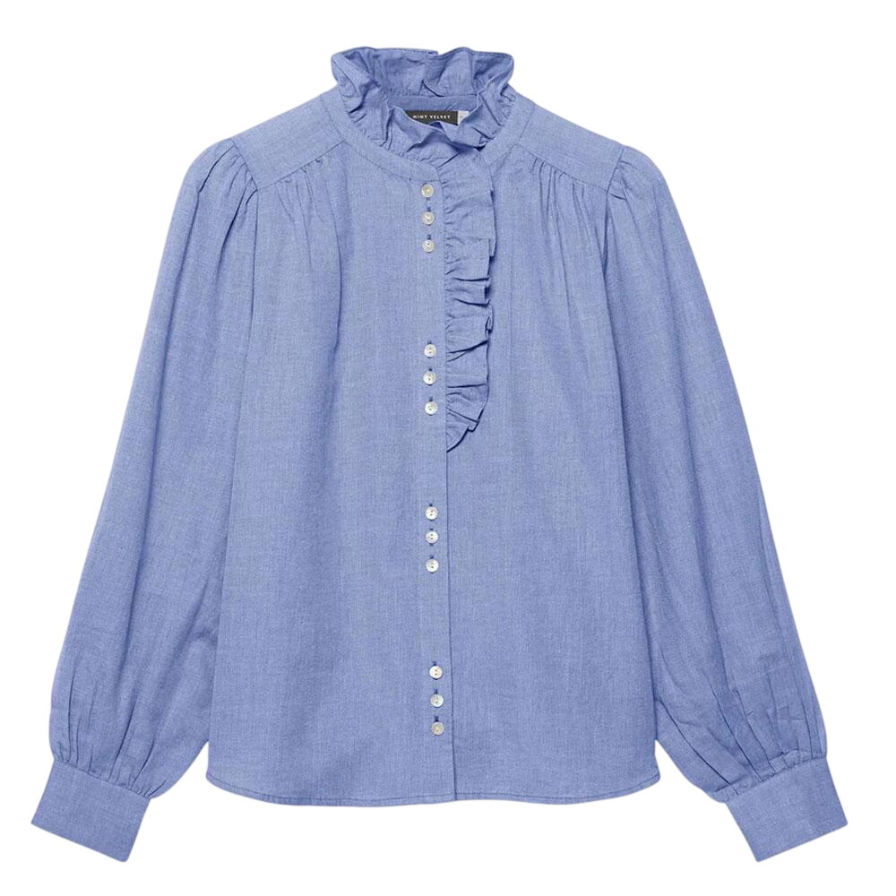 Mint Velvet Blue Cotton Chambray Ruffle Blouse
